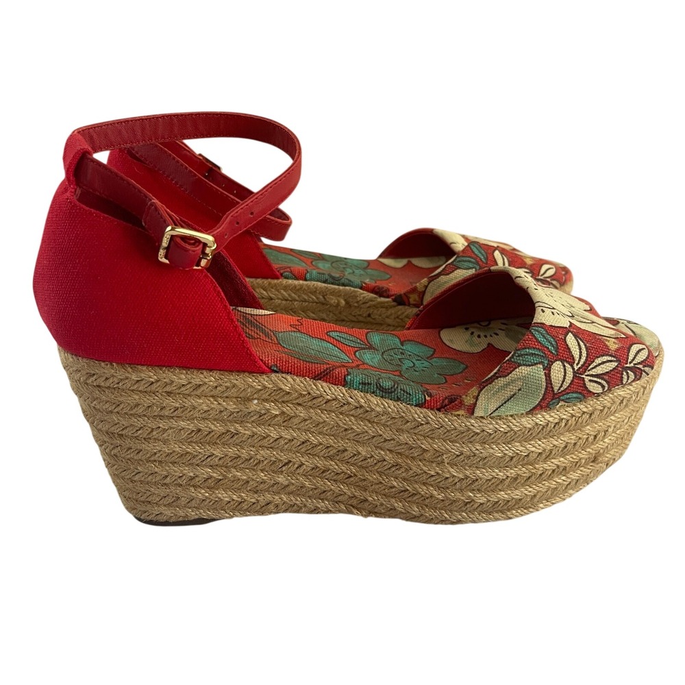 Tory Burch Wedge Sandals 9M Red Floral Espadrille Platform Chunky Travel Resort